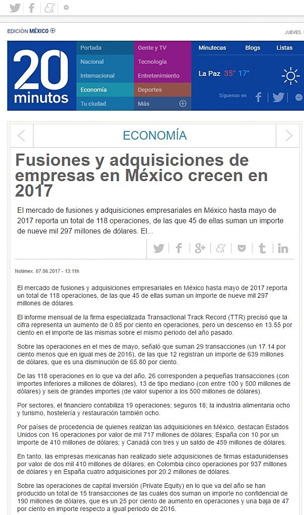 Fusiones y adquisiciones de empresas en Mxico crecen en 2017